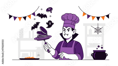 Spooky Chef's Halloween Pancakes: In a whimsical Halloween scene, a chef, dressed as a vampire, flipping pancakes, creating a festive and fun culinary display, perfect for spooky celebrations.