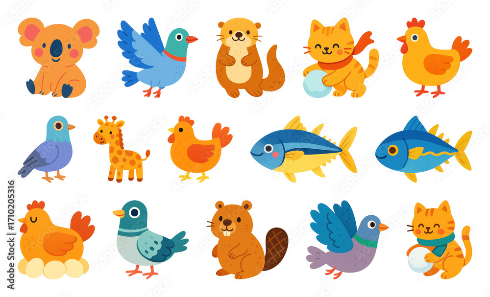 Obraz premium PNG Colorful cute animal illustrations, element set on transparent background