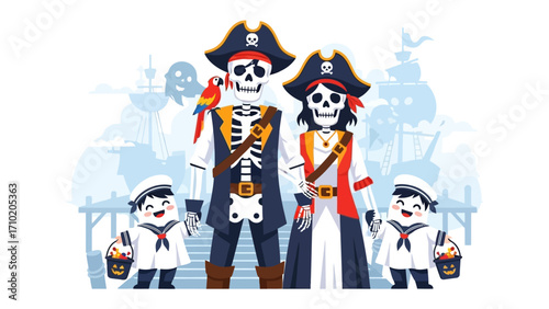 Family of Pirate: This lively illustration portrays a pirate family ready to celebrate Halloween, with a father, mother, and two children. Complete with pirate hats and charming outfits.