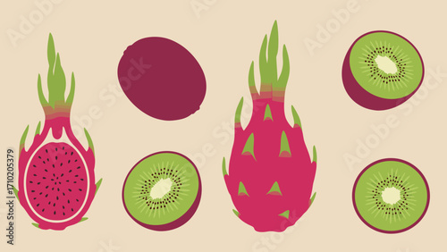Dragon Fruit and Kiwi Halves and Wholes Vector Illustration