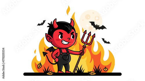Devil in the Flame: A mischievous devil stands in front of a roaring bonfire, brandishing a trident and surrounded by flames, bats, pumpkins, and a full moon.