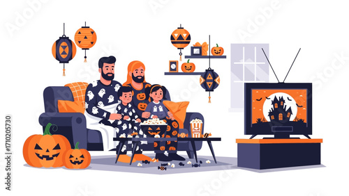 Spooky Family Movie Night: A cozy family, donned in Halloween attire, gathers on a sofa to enjoy a festive movie on television. pumpkins and lanterns adorn the scene.