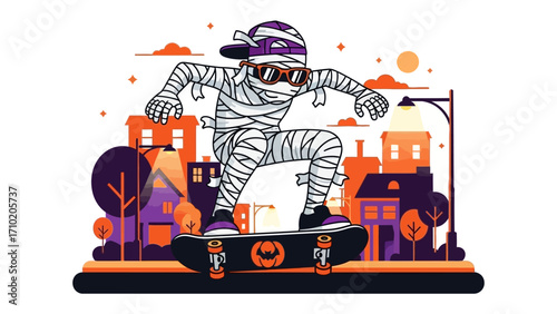 Mummy Skateboarding: A captivating illustration showcases a mummy showcasing dynamic skateboarding skills against a backdrop of a cartoonish urban landscape, capturing a vibrant scene.