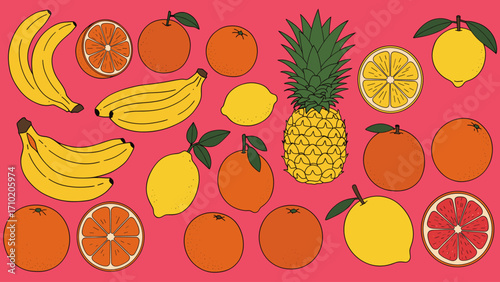Vibrant tropical and citrus fruits pattern on pink background. Stylized illustration of bananas, oranges, lemons, pineapple, and grapefruit.