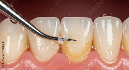 Dental scaler cleaning plaque from human teeth close up