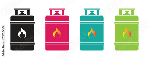 LPG Gas Cylinder Icon Set – Colorful Vector Illustration of Propane Tank with Flame Symbol for Energy, Fuel, Household Cooking, and Industrial Safety Design