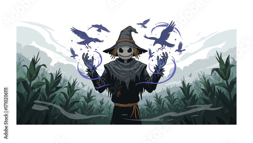 Enigmatic Guardian: A mysterious scarecrow, adorned with a whimsical hat and stitched smile, conjures crows amidst a serene cornfield.