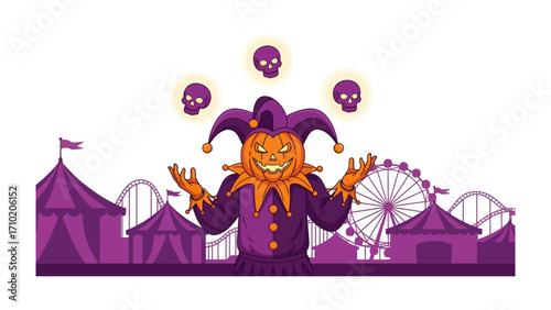 Spooky Carnival Juggler: A whimsical illustration of a jack-o'-lantern character juggling floating skulls against a vibrant backdrop of carnival tents and rides.