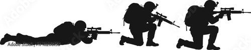 Military soldier silhouette, tactical pose, rifle aiming, combat position vector, armed forces illustration, black figure, battlefield stance, war training graphic, defense icon