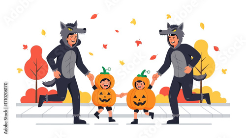 Halloween Parade: Two families, each composed of a person in a wolf costume holding the hands of a child in a pumpkin costume, participate in a joyous Halloween parade.