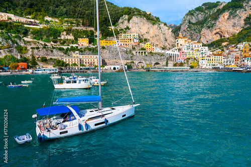 Fototapeta Naklejka Na Ścianę i Meble -  Beautiful view of  Amalfi coast, Italy. Amalfi town with colorful architecture on the rocks