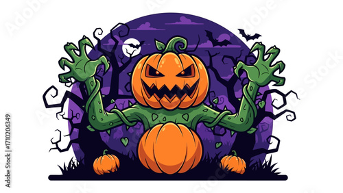 Spooky Pumpkin Head: A sinister pumpkin creature emerges from the darkness, an embodiment of Halloween fright, with a ghoulish grin and thorny vines, evoking the spirit of All Hallows' Eve.
