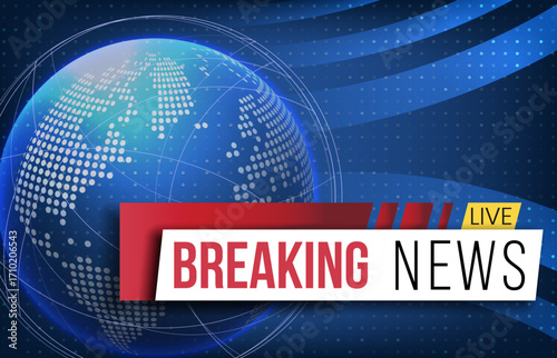 Modern breaking news banner with a digital globe, red accents, and dynamic background, perfect for TV, media, and online broadcasts.