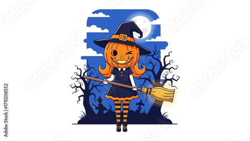 Pumpkin Witch in Moonlight: A whimsical depiction of a cheerful pumpkin witch stands against a moonlit backdrop, broom in hand, ready to cast spells.