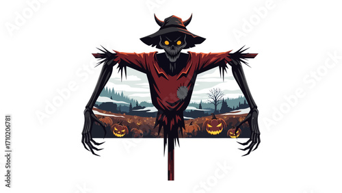 Mysterious Scarecrow: A spooky scarecrow stands watch over a field of pumpkins, its eyes gleaming with an eerie glow under a darkening sky, invoking a sense of halloween.