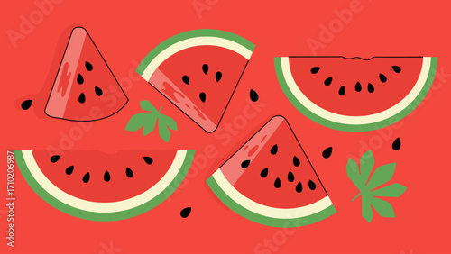 Vibrant Watermelon Slices and Seeds Flat Lay Illustration on Red Background - Summer Fruit Concept