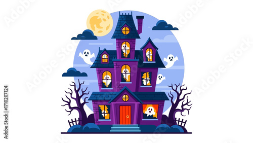 Spooky Halloween Manor: An illustrated mansion sits atop a gently rising hill, exuding an air of mystery. The night sky, illuminated by the radiant moon.