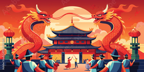 Vibrant chinese new year celebration with dragons and traditional architecture