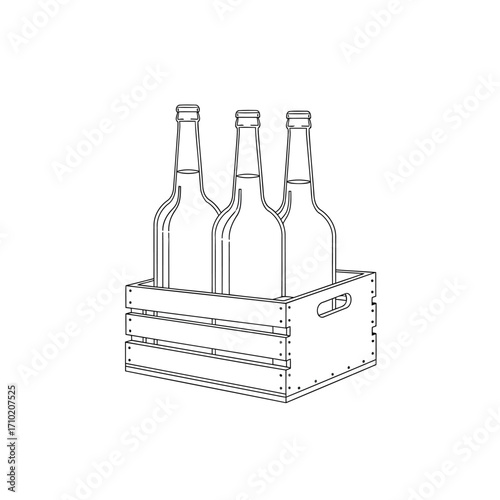 Vector art of three wine bottles in a wooden crate, , showcasing a simple and rustic storage solution for beverages