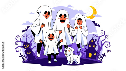 Spooky Family on Halloween Night: A cheerful family dressed as ghosts embraces the Halloween spirit, their ethereal presence set against a spooky backdrop filled with a crescent moon, eerie trees.