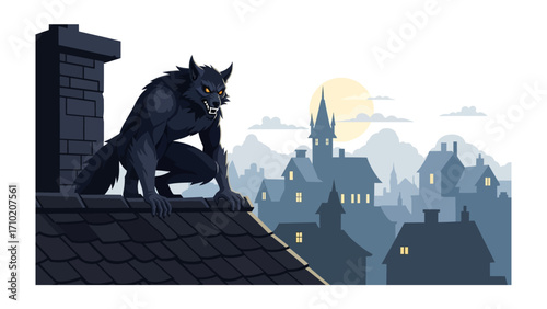Werewolf on Rooftop Silhouette: An eerie night scene of a fearsome werewolf perched atop a rooftop, with a town skyline silhouetted against a full moon.