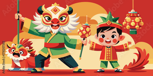 Children in traditional costumes celebrate chinese new year with lion dance