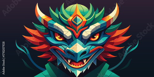 Vibrant and fierce dragon head with colorful scales and fiery eyes