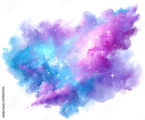 Watercolor galaxy isolated on transparent background with blue, purple and pink colors