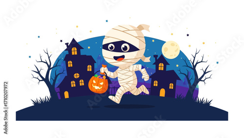 Enchanting Mummy's Halloween Adventure: A cheerful mummy cheerfully runs through the night with a jack-o'-lantern, navigating a whimsical Halloween scene brimming with eerie houses, gnarled trees.