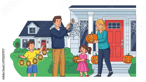 Halloween Home Decoration: A family is decorating their home for Halloween, with pumpkins, garlands, and other festive decorations. 