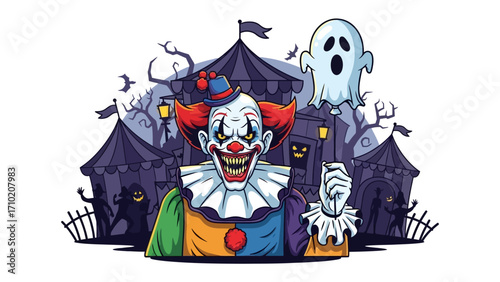 Spooky Circus: A chilling depiction of a sinister clown amidst a haunted circus, where the air crackles with an eerie and suspenseful atmosphere.