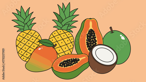 Vibrant tropical fruit assortment illustration. Pineapple, papaya, mango, coconut, guava. Healthy exotic food vector art.