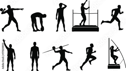 Track and field athlete silhouettes, javelin throw, sprinting, pole vault, high jump, shot put, black vector illustration, sports action, dynamic poses, competition