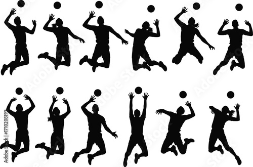 Volleyball player silhouette set, dynamic jump poses, spike and serve action, athletic movement, sports vector illustration for training, design, and educational content