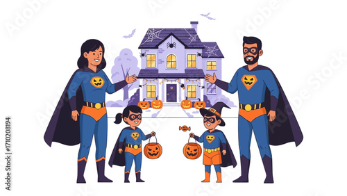 Spirited Halloween Adventure: A family in superhero costumes, holding Halloween buckets in front of a decorated house for the festive night.