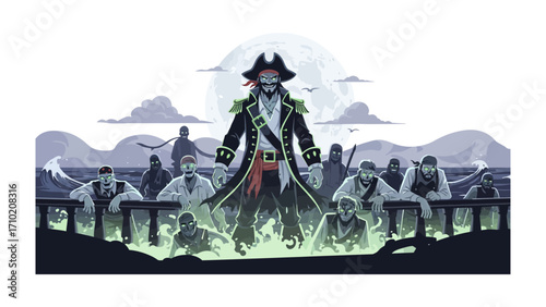 Ghost Pirate at Sea: A spectral pirate captain stands boldly on the deck of a ghostly ship, his crew of undead sailors surrounding him, all under the eerie glow of a moonlit sky, ready for adventure.