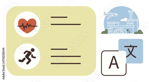 Heartbeat monitor and running icon on a checklist, airport with airplane, multilingual translation symbols. Ideal for health, fitness, travel, global communication, organization, technology simple