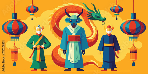Traditional chinese dragon and figures with lanterns illustration