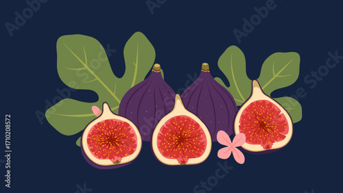 Whole and Halved Figs with Green Leaves and Pink Flowers Flat Illustration