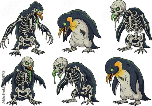 Zombie penguin vector, undead cartoon creatures, horror animal illustration, skeleton hybrid design, creepy monster icons, green slime dripping, spooky fantasy characters