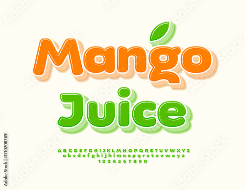 Vector Bright sticker Mango juice. Glossy Green 3D Font. Round Digital Alphabet Letters and Numbers set