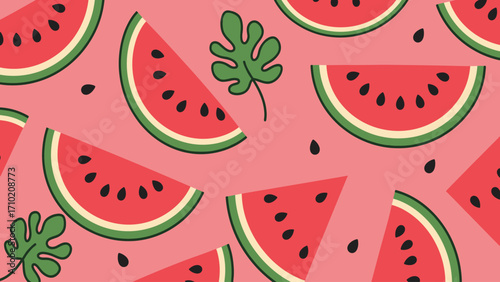 Seamless watermelon pattern with tropical monstera leaves on pink background, summer fruit illustration