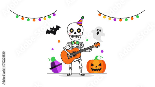 Spooky Serenade: A skeleton in a party hat joyfully strums a guitar, surrounded by festive Halloween elements.