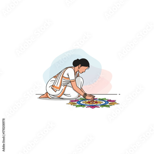 Dedicated woman meticulously crafting a vibrant, traditional rangoli pattern on the floor, a cherished art form symbolizing joy and prosperity during the auspicious Diwali festival