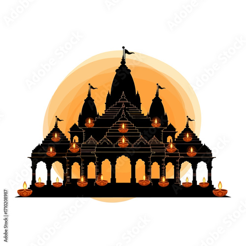 Diwali Celebration at Temple A Silhouette with Glowing Diyas and Festive Spirit