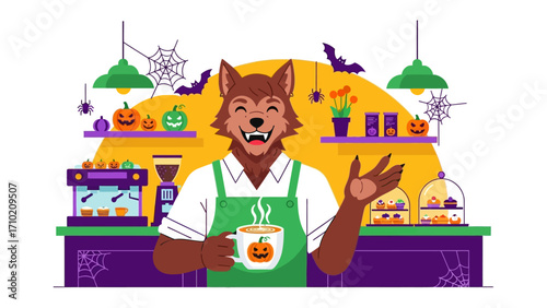 Halloween Cafe Delight: A charming werewolf barista, adorned in a festive apron, extends a warm greeting while holding a steaming cup of pumpkin-spiced brew.