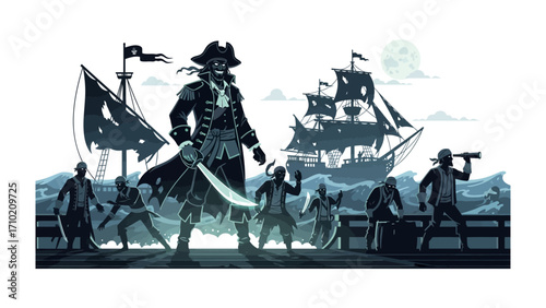 Pirate's Voyage: A daring depiction of a formidable pirate captain standing tall on a ship's deck, sword in hand, leading his crew through turbulent waters beneath a moonlit sky.