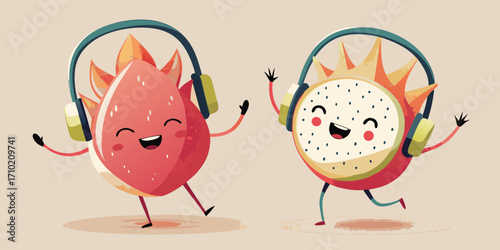 Two happy cartoon dragon fruits wearing headphones and dancing