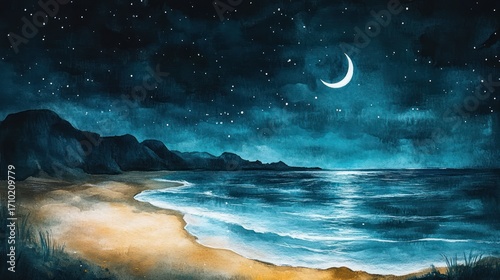 Night beach scene with crescent moon, watercolor style