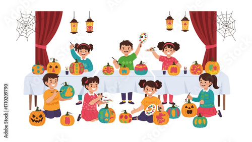 Creative Pumpkin Carving: A vibrant illustration captures a cheerful gathering of children engrossed in pumpkin carving for Halloween.